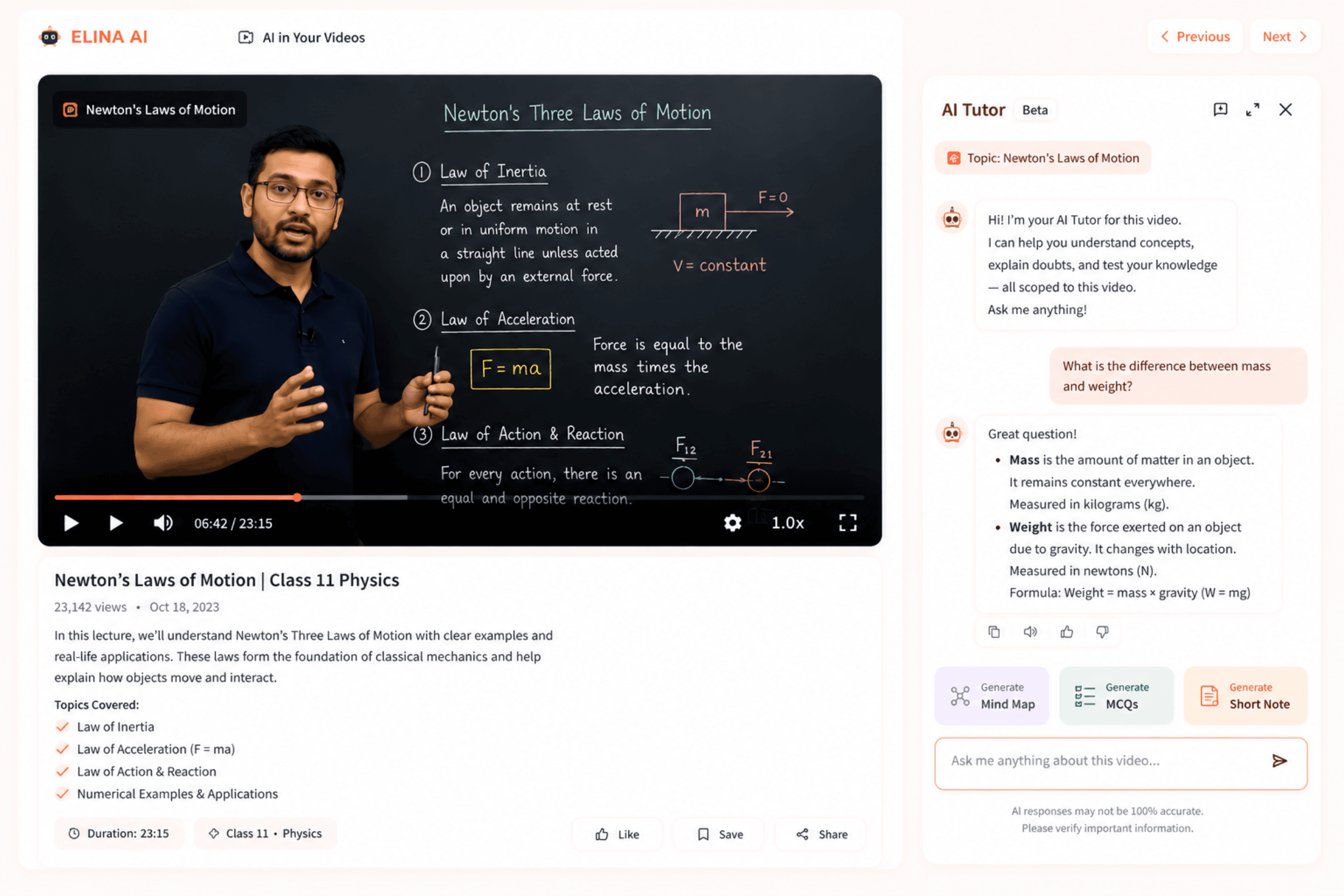 Video player with embedded AI tutor answering a student question mid-lecture