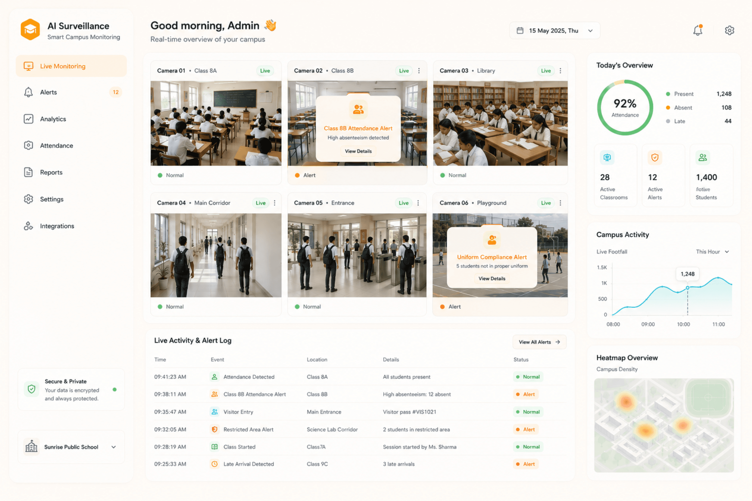 AI Surveillance dashboard concept showing campus feed, alerts, and student compliance monitoring