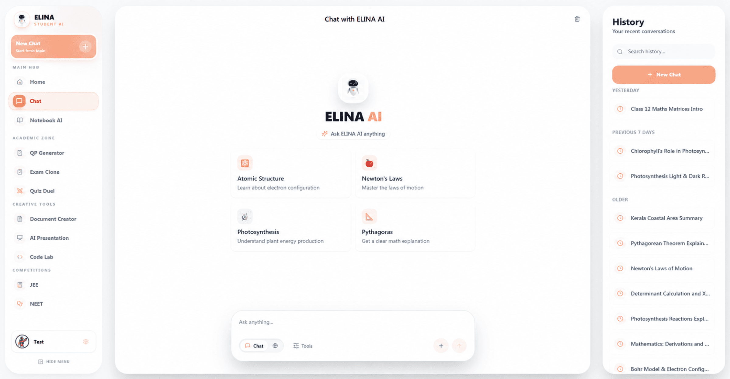 ELINA AI dashboard showing AI Tutor, Notebook AI, mock tests, and teacher question paper tools